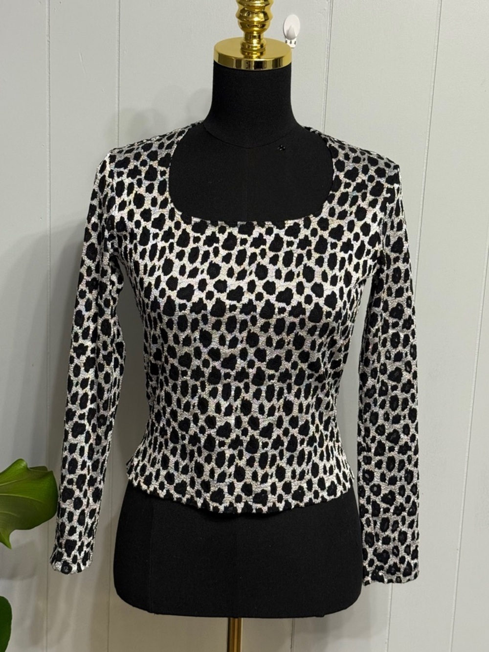 #10)  Women's Black-Lace & White Animal-Print Long Sleeve Scoop Neck Top